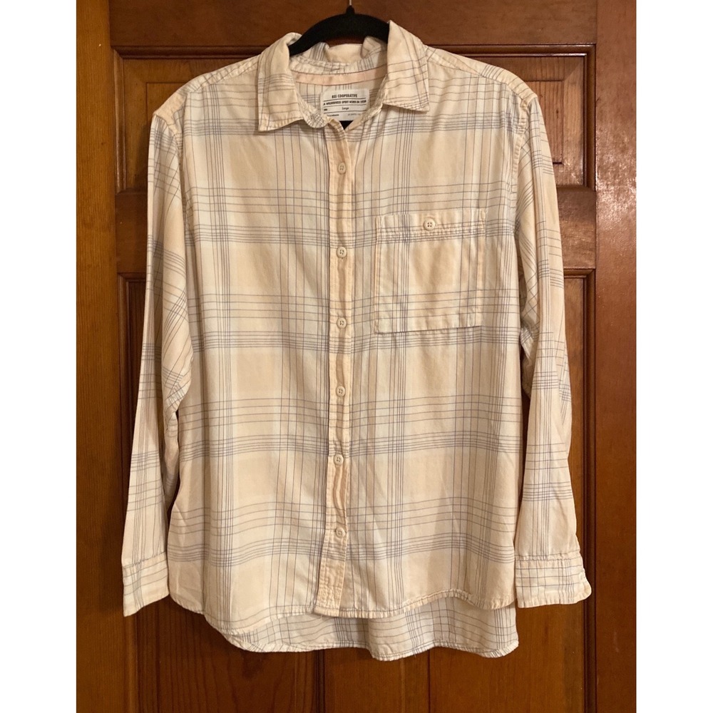 REI Womens L Cream Blue Plaid Cotton Long Sleeve Button Down Shirt Granola Camp